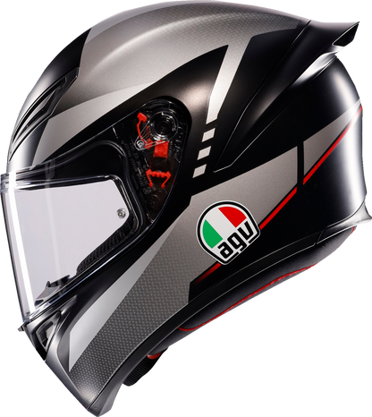 AGV K1 S matte black, gray, and red motorcycle helmet with XL size, showing sleek aerodynamic design and ventilation features.
