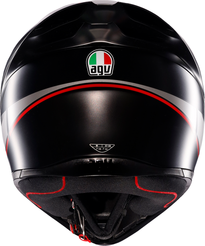 AGV K1 S matte black, gray, and red motorcycle helmet with XL size, featuring aerodynamic design and secure chin strap.