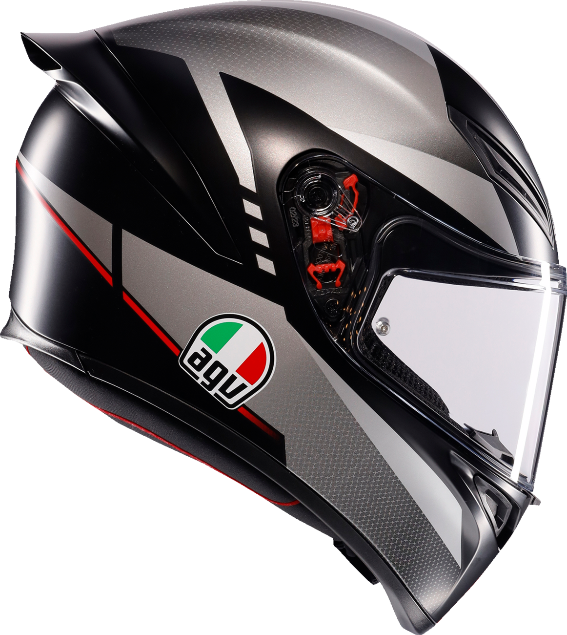 AGV K1 S matte black, gray, and red motorcycle helmet in XL size, featuring aerodynamic design and clear visor.