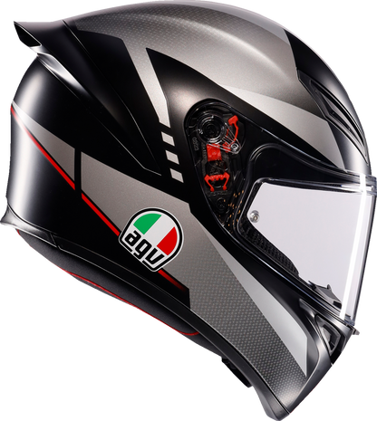 AGV K1 S matte black, gray, and red motorcycle helmet in XL size, featuring aerodynamic design and clear visor.