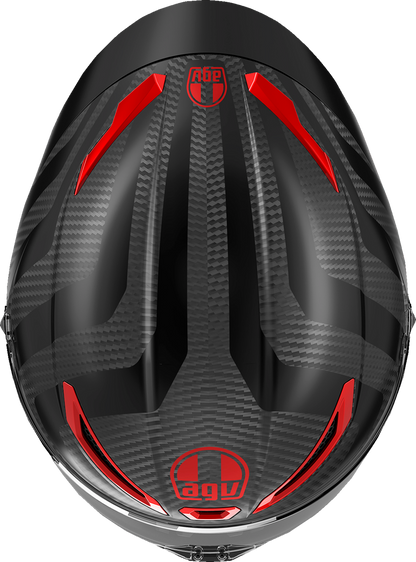 AGV Pista GP RR Intrepido matte carbon, black, and red motorcycle helmet, medium size, detailed aerodynamic design.