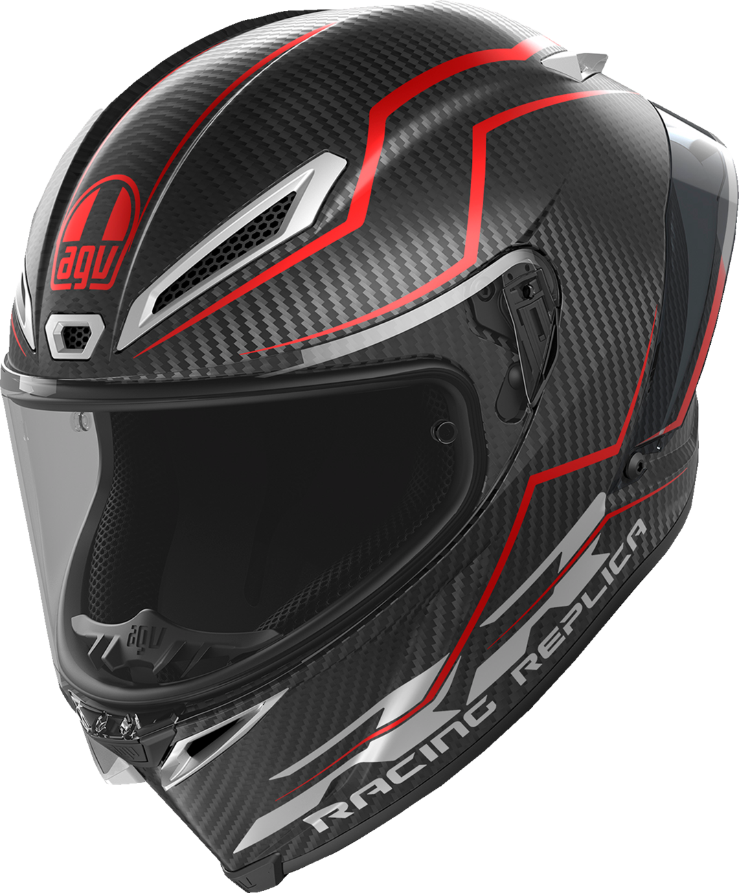 AGV Pista GP RR Intrepido matte carbon, black, and red motorcycle helmet, medium size, with aerodynamic design and full-face coverage.