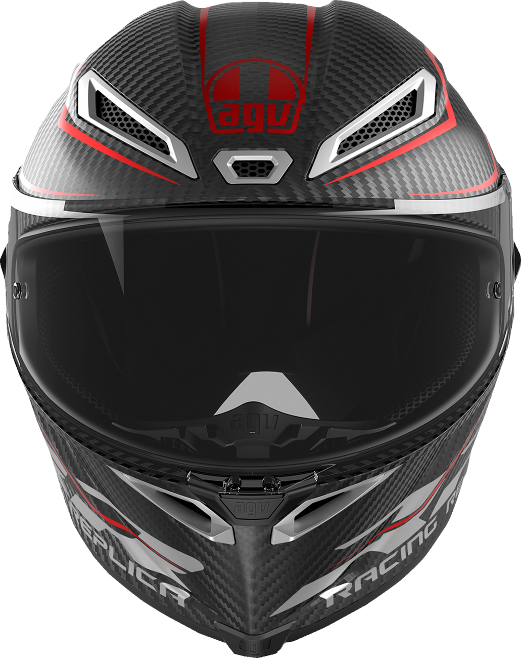 AGV Pista GP RR Intrepido matte carbon, black, and red motorcycle helmet, medium size, with aerodynamic design and racing features.