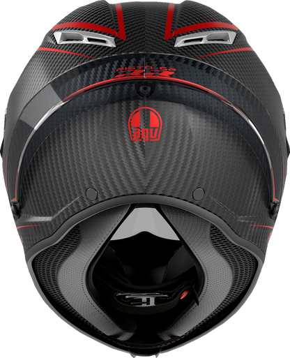 AGV Pista GP RR Intrepido matte carbon, black, and red racing helmet, medium size, with aerodynamic design and ventilation features.