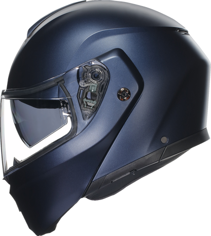 AGV Streetmodular helmet in matte blue with open face and visor, featuring advanced safety and comfort elements, size small.