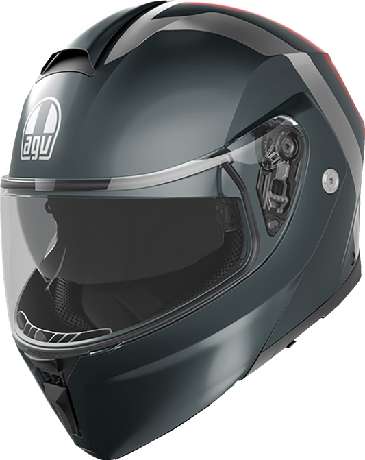 AGV Streetmodular helmet in matte gray, silver, and red, medium size, showing the front and side view of the motorcycle helmet.