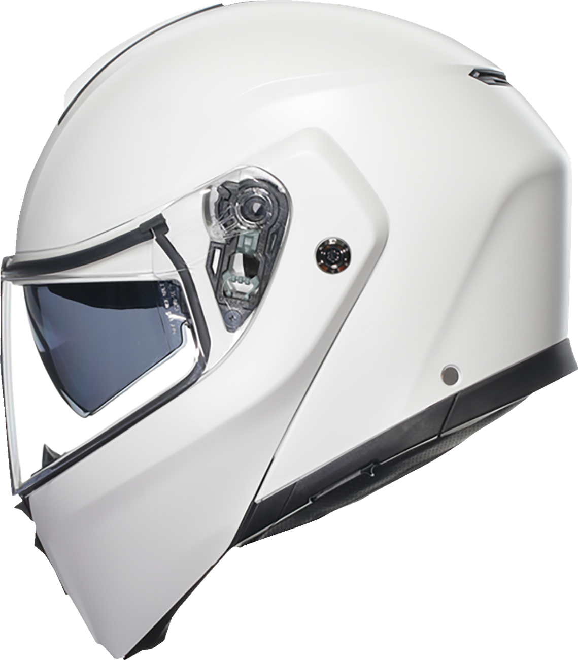 AGV Streetmodular helmet in matte white, small size, showing its sleek design and secure chin strap.