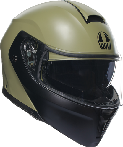 AGV Streetmodular helmet in matte pastel green and black, large size, showing the sleek design and safety features.