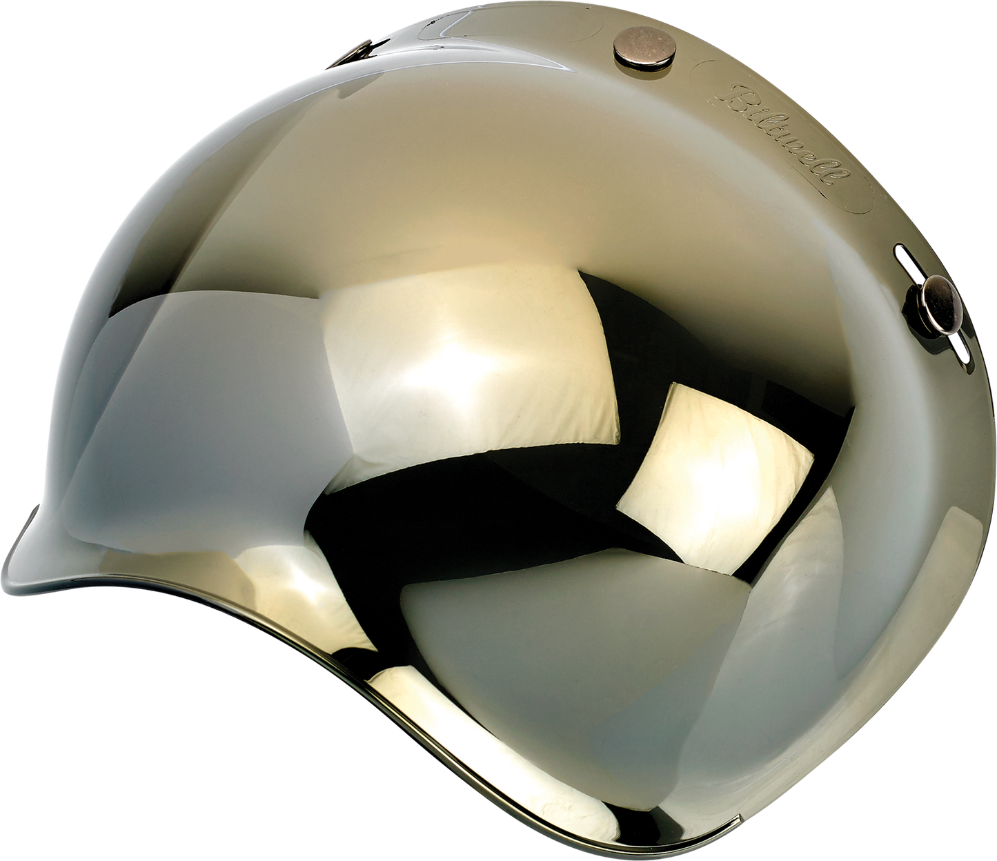 Gold mirror bubble shield for Biltwell helmets, part of Bill's Exhausts helmet parts collection. Reflective, aerodynamic design.