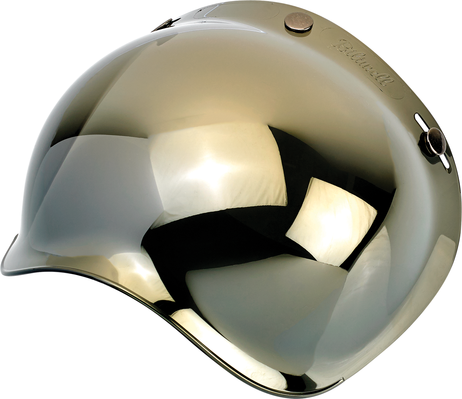 Gold mirror bubble shield for Biltwell helmets, part of Bill's Exhausts helmet parts collection. Reflective, aerodynamic design.