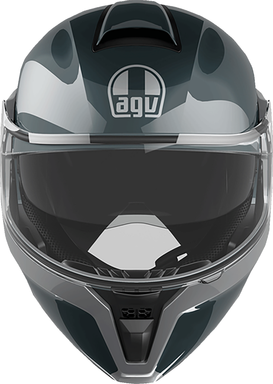 AGV Streetmodular helmet in gray and silver, large size, showing the sleek design and adjustable visor in close-up.