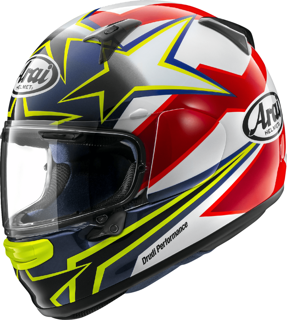 Arai Helmets Regent-X Stars & Stripes motorcycle helmet in yellow, medium size, with patriotic star design on the surface.