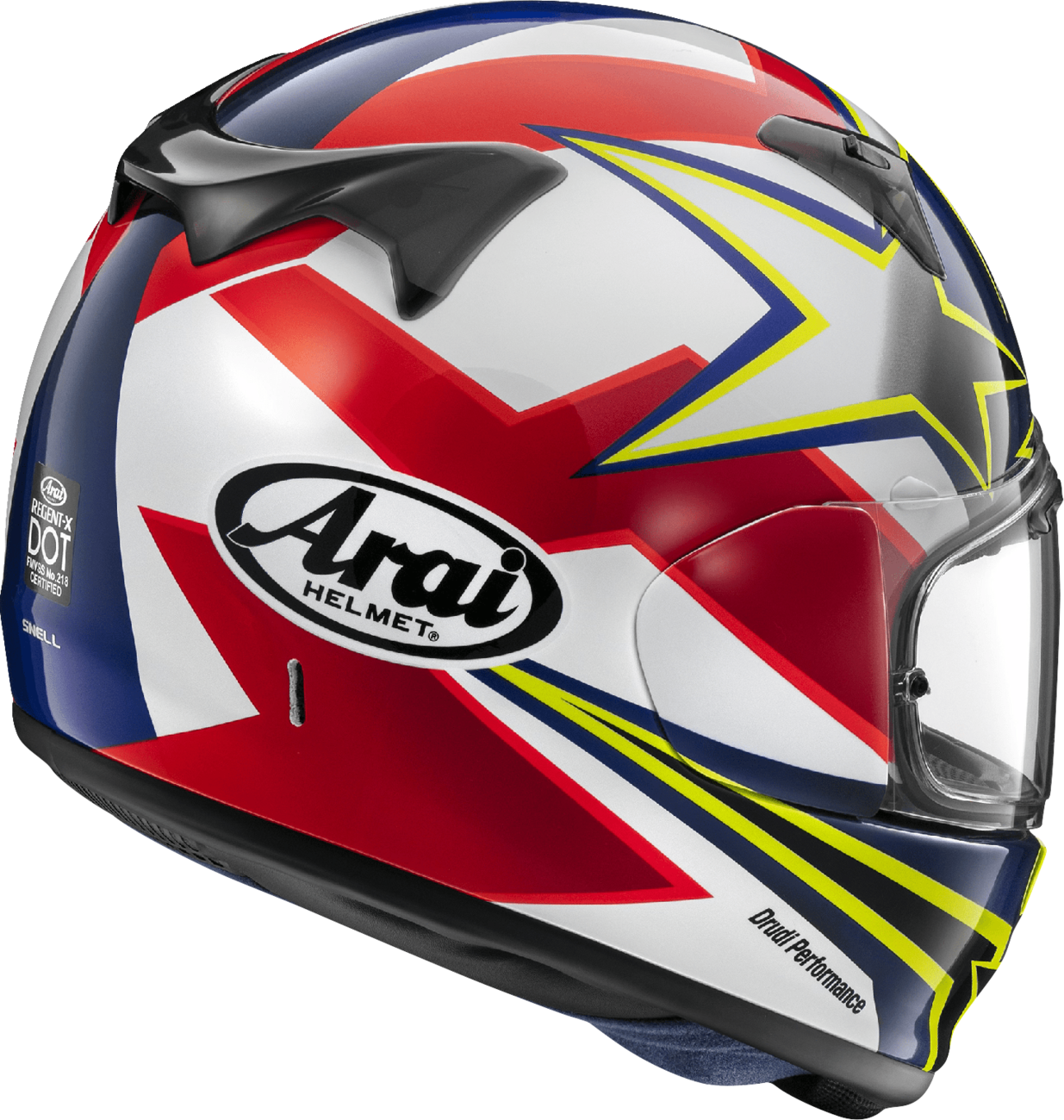 Arai Helmets Regent-X helmet in yellow with stars and stripes design, size 2XL, featuring a secure strap and aerodynamic shape.