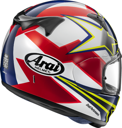 Arai Helmets Regent-X helmet in yellow with stars and stripes design, size 2XL, featuring a secure strap and aerodynamic shape.