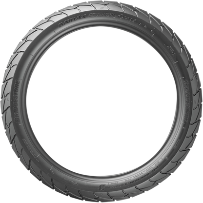 BRIDGESTONE Battlax Adventurecross AX41S front motorcycle tire 130/80-18 for adventure and touring bikes, with tread pattern visible.