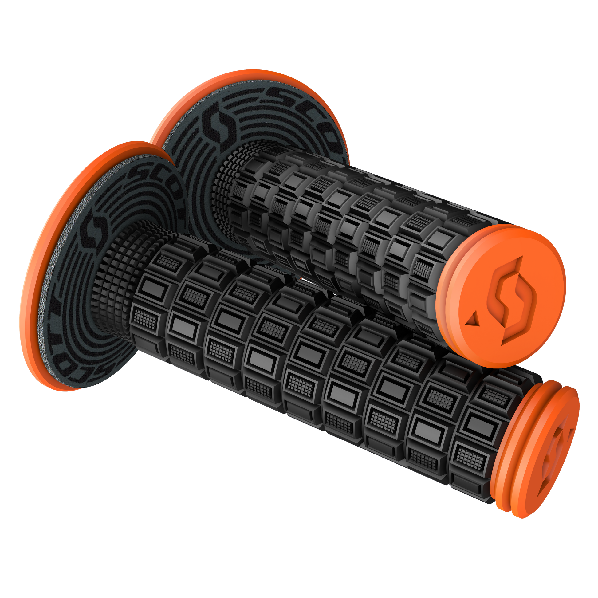 Scott Mellow black and orange motorcycle grips by Bill's Exhausts, designed for comfortable engine handling.