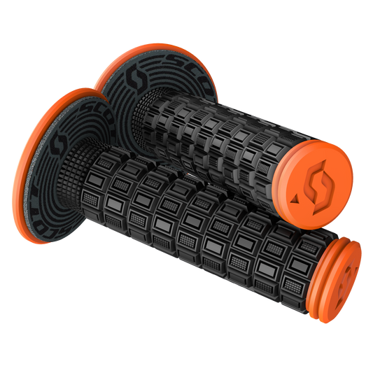 Scott Mellow black and orange motorcycle grips by Bill's Exhausts, designed for comfortable engine handling.