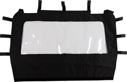Moose Offroad rear windscreen for Polaris RZR 4 XP side view showing clear wind deflector with mounting frame.