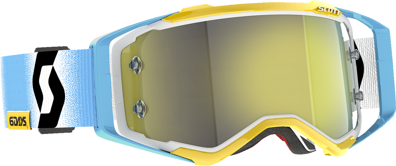 Scott Prospect goggles in white and blue with yellow accents, designed for motocross or off-road riding.