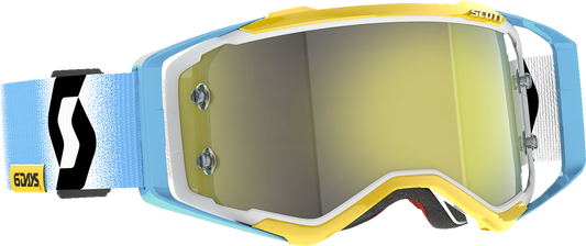 Scott Prospect goggles in white and blue with yellow accents, designed for motocross or off-road riding.
