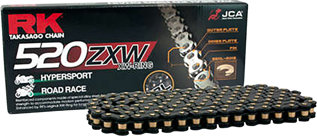 Black RK 520 ZXW drive chain with 170 links, designed for motorcycles, showing the chain's links and black scale finish.