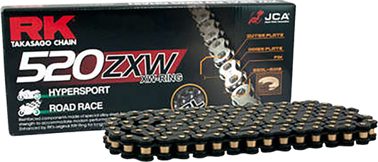 Black RK 520 ZXW drive chain with 170 links, designed for motorcycles, showing the chain's links and black scale finish.