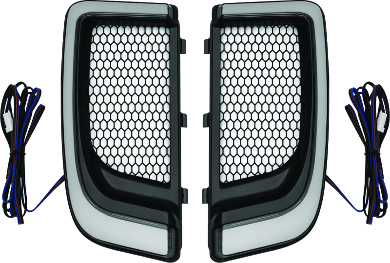 Kuryakyn Tracer Lower Fairing Grill in black attached to Harley Davidson Touring motorcycle for a sleek custom look