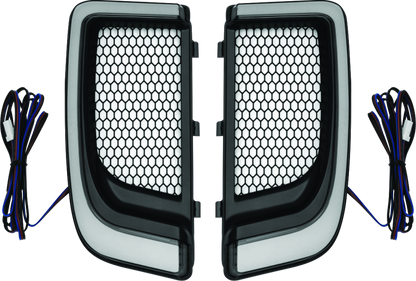 Kuryakyn Tracer Lower Fairing Grill in black attached to Harley Davidson Touring motorcycle for a sleek custom look
