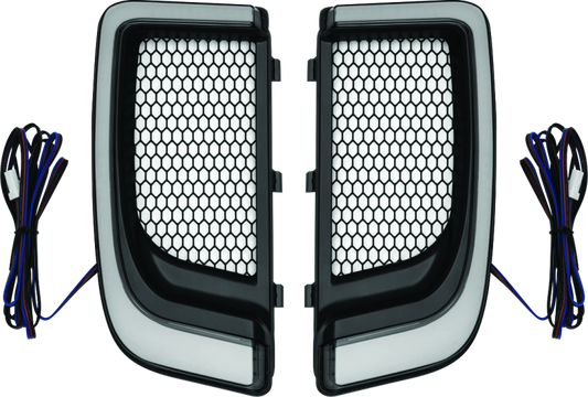 Kuryakyn Tracer Lower Fairing Grill in black attached to Harley Davidson Touring motorcycle for a sleek custom look