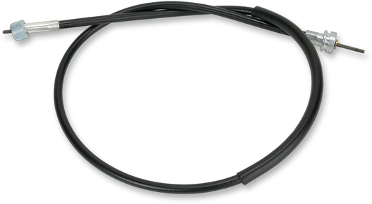 PARTS UNLIMITED speedometer cable for DT, MX, and XS models, showing the black cable with metal connectors.