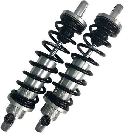 Legend Suspension REVO-A adjustable FXR coil suspension, 14-inch clear anodized shock for motorcycle rear suspension.