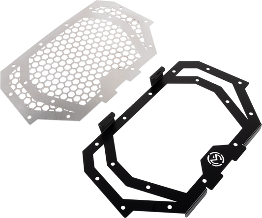 MOOSE OFFROAD front grille for Polaris RZR 900/1000, durable black metal with mounting hardware, designed for rugged off-road use.