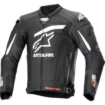 Black and white Alpinestars GP Plus R v4 Rideknit leather motorcycle jacket with protective armor, US 42 / EU 52, shown on a mannequin.