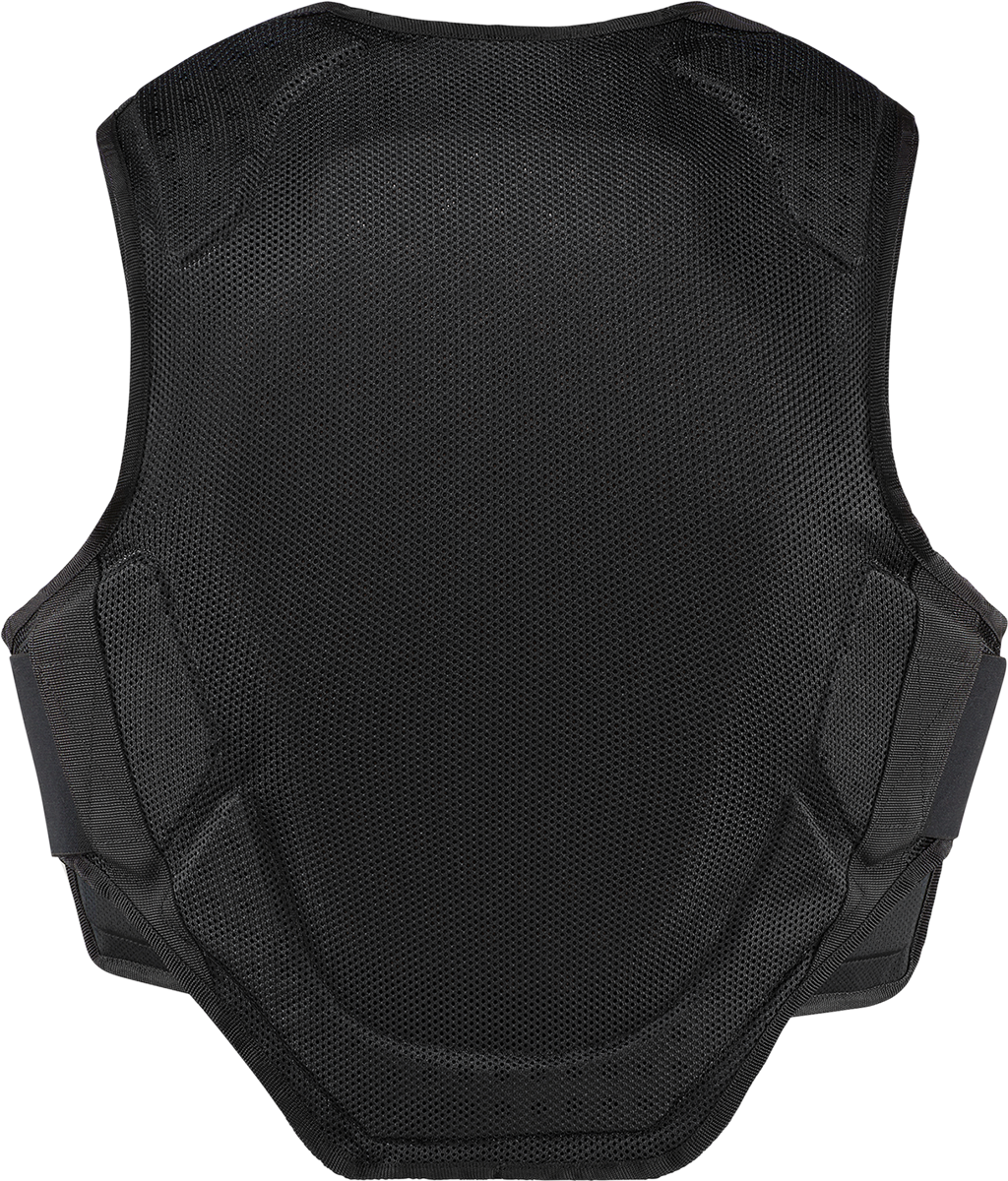 Bill's Exhausts ICON Softcore™ vest in black, medium/large size, shown laid flat with adjustable straps and soft fabric.