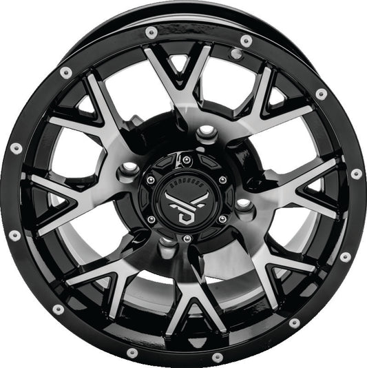 QuadBoss aluminum wheel with machined finish, 15x7 size, featuring a durable barbwire design for off-road vehicles.