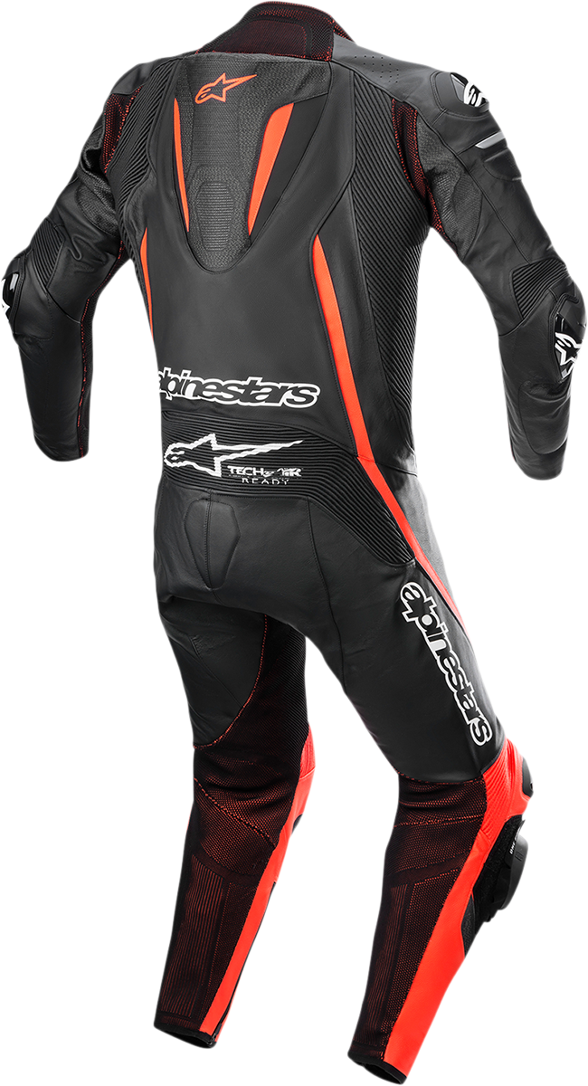Alpinestars Fusion 1-Piece Leather Suit in black and red fluorescent, US 46 / EU 56, shown on a white background.