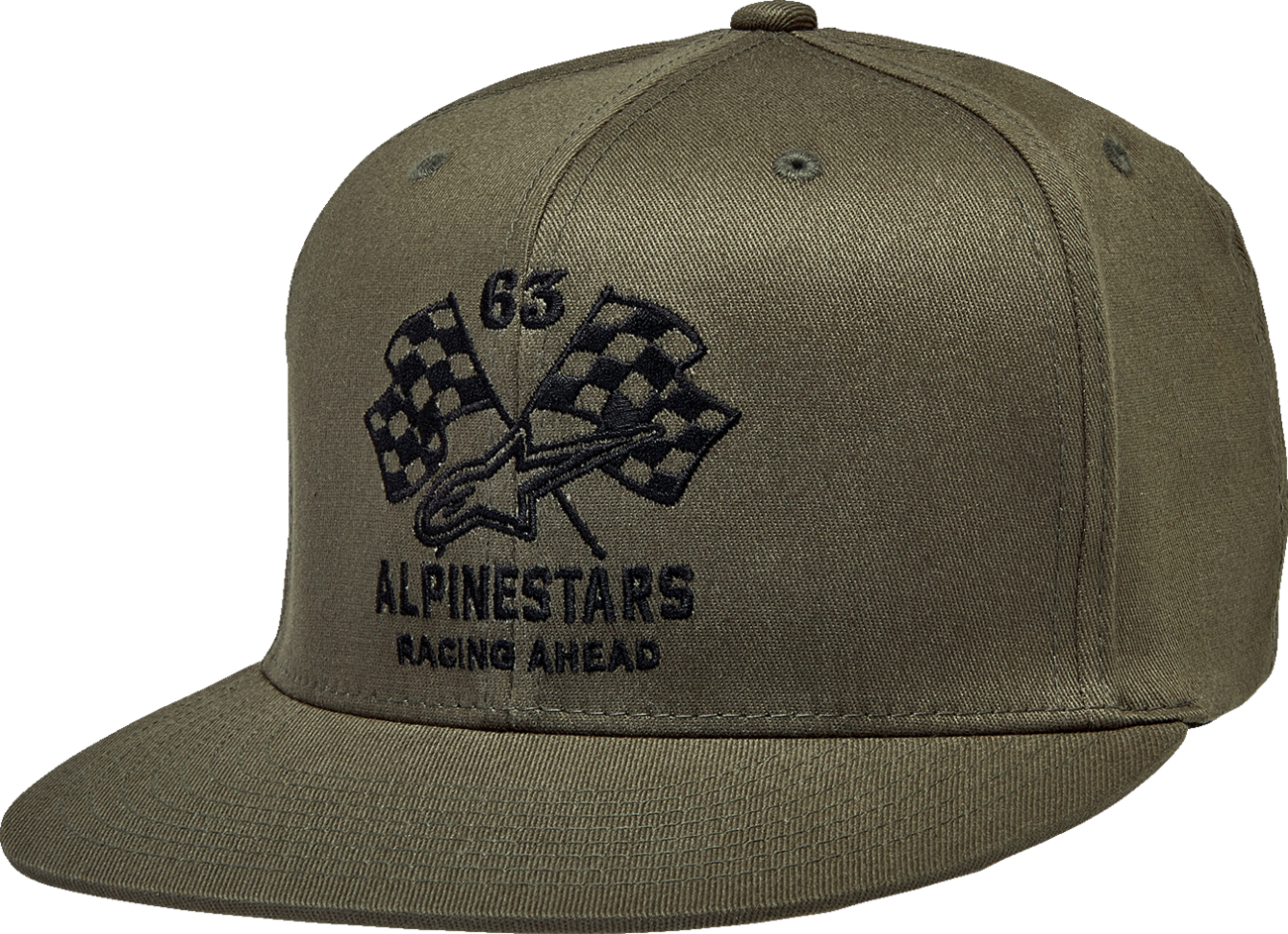 Black ALPINESTARS Double Check flat bill hat with military pattern, large/XL size, featuring a structured brim and embroidered logo.