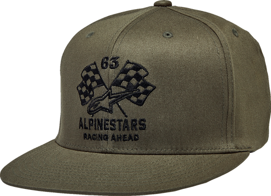 Black ALPINESTARS Double Check flat bill hat with military pattern, large/XL size, featuring a structured brim and embroidered logo.