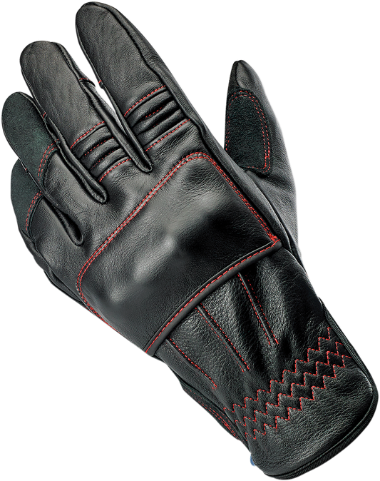Red Biltwell Belden Gloves in XS size, featuring durable red leather and reinforced stitching, designed for motorcycle riding comfort.