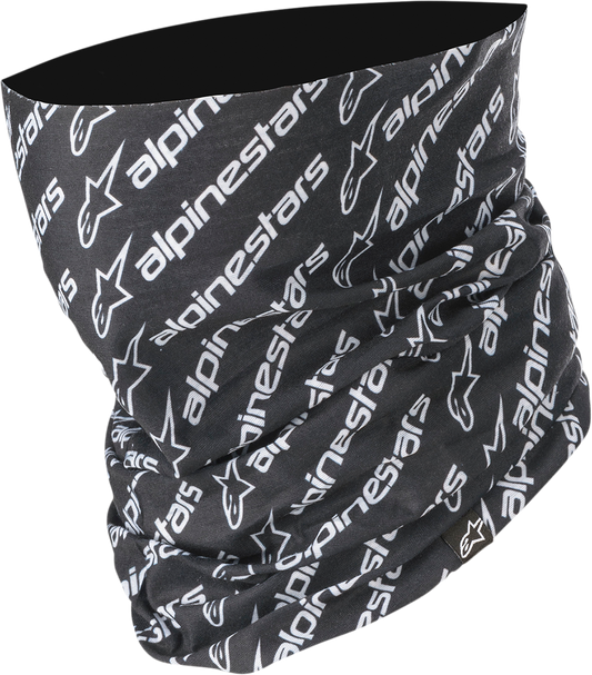 Black and white Alpinestars Neck Tube in linear design, suitable for motorcycle or outdoor activity, displayed on a plain background.