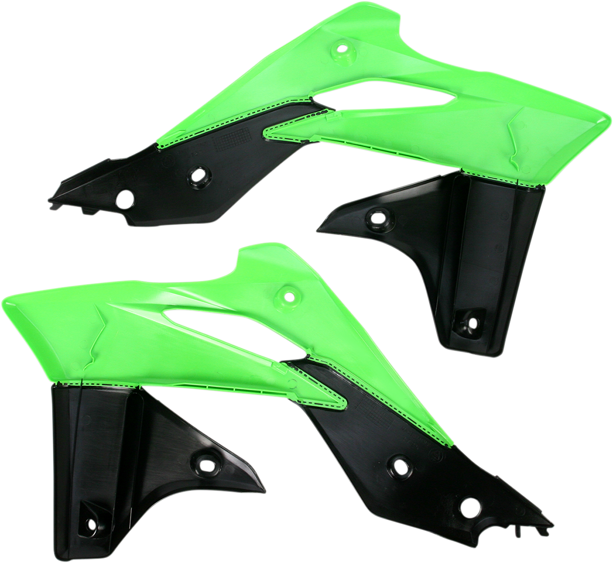 Acerbis radiator shrouds in green and black for motorcycle body protection, designed by Bill's Exhausts.