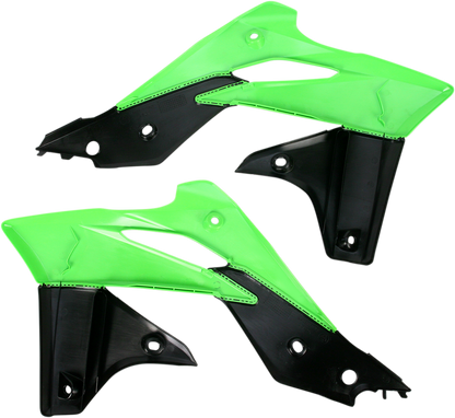 Acerbis radiator shrouds in green and black for motorcycle body protection, designed by Bill's Exhausts.