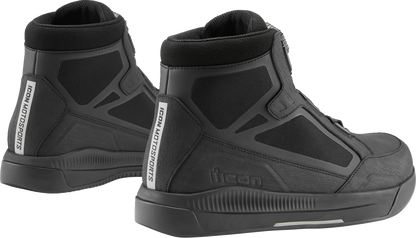 Black ICON Patrol 3™ waterproof boots by Bill's Exhausts in size 11, with sturdy leather and rugged sole for outdoor wear.