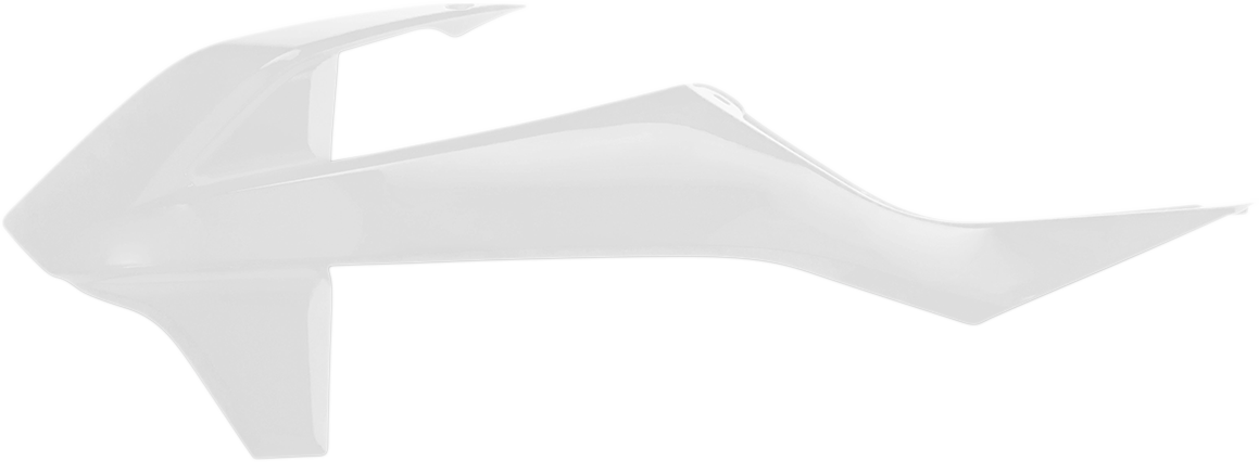 White ACERBIS radiator shroud for motorcycle body, designed for durability and style, with visible vents and branding details.
