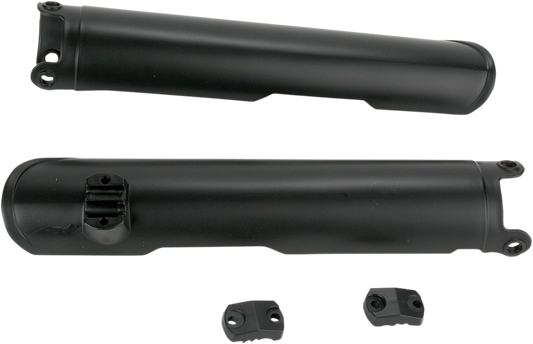 Black Acerbis lower fork covers for inverted motorcycle forks, designed for durable protection.