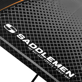SADDLEMEN umbrella seat in black, gray, and orange with seat cushion and adjustable strap, designed for motorcycle comfort.