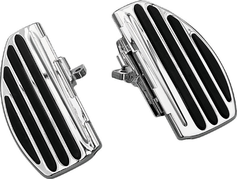 Kuryakyn ISO Passenger Boards in chrome installed on a Harley or metric motorcycle for comfortable passenger riding.