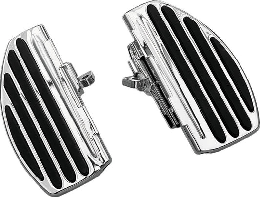 Kuryakyn ISO Passenger Boards in chrome installed on a Harley or metric motorcycle for comfortable passenger riding.
