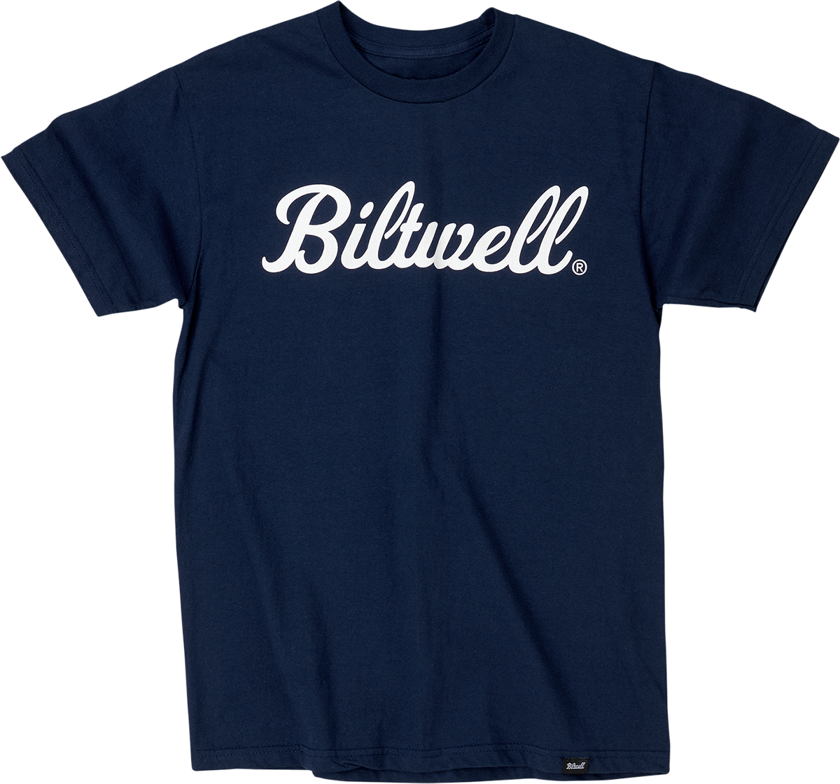 Navy BILTWELL Script T-Shirt in medium size with white logo print, casual crew neck design, from Bill's Exhausts.