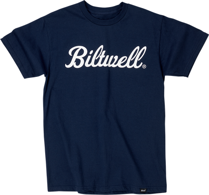 Navy BILTWELL Script T-Shirt in medium size with white logo print, casual crew neck design, from Bill's Exhausts.